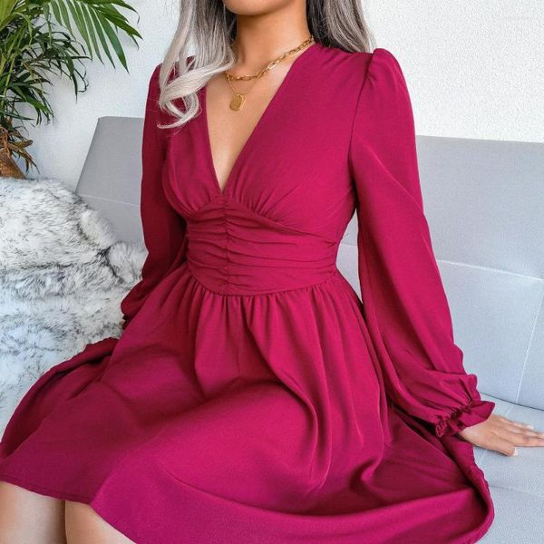 Casual Kleider Sexy V-ausschnitt Langarm Frühling Sommer Frauen Elegante Büro Plain Business Formal Vintage Bodycon Schlank Abendkleid