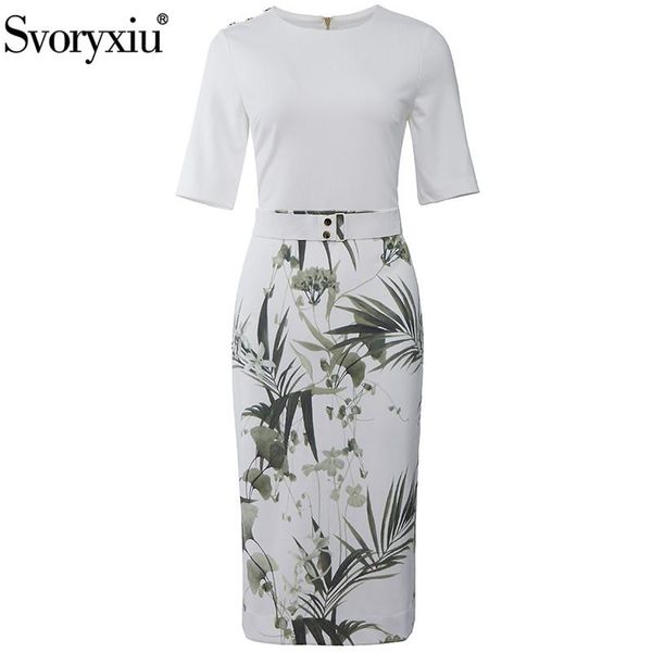 Vestidos svoryxiu designer verão elegante vestido feminino meia manga pintado à mão impressão senhora do escritório moda branco vestidos finos xxl 2021