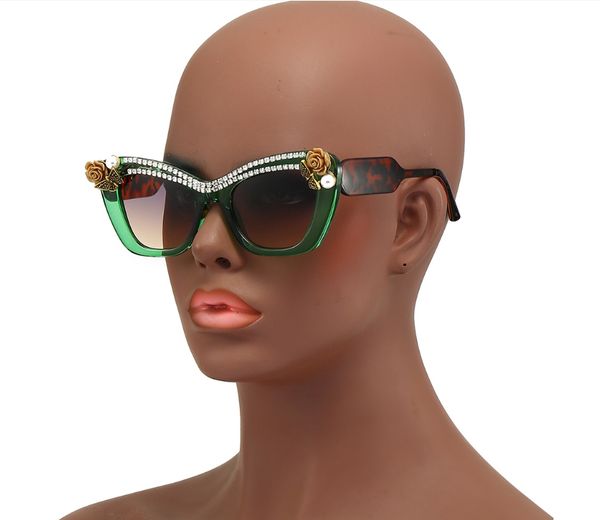 Gafas de sol de diamante para mujer, Gafas de sol de lujo con diseño de ojo de gato y flores de cristal, Gafas de sol negras Vintage con diamantes de imitación, Gafas de sol para mujer