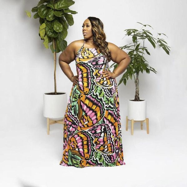 Vestidos casuais chocomisty-ladyplus size plus sweefless backless butterfly wing impressão maxi vestido p8710