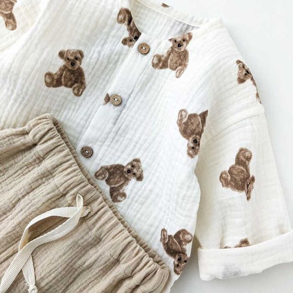 Conjuntos de roupas crianças roupas de algodão orgânico conjunto outono bebê menina menino calça neutra bonito criança crianças urso impressão tops casaco outfits