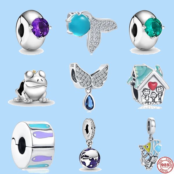 Ciondoli in argento sterling 925 per perline di gioielli Pandora NOVITÀ blu lago ala d'angelo globo viola clip verde oceano fai da te