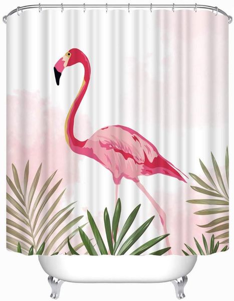 Cortinas de chuveiro flamingo rosa com ganchos de acessórios de banheiro tropical de folha de palmeira