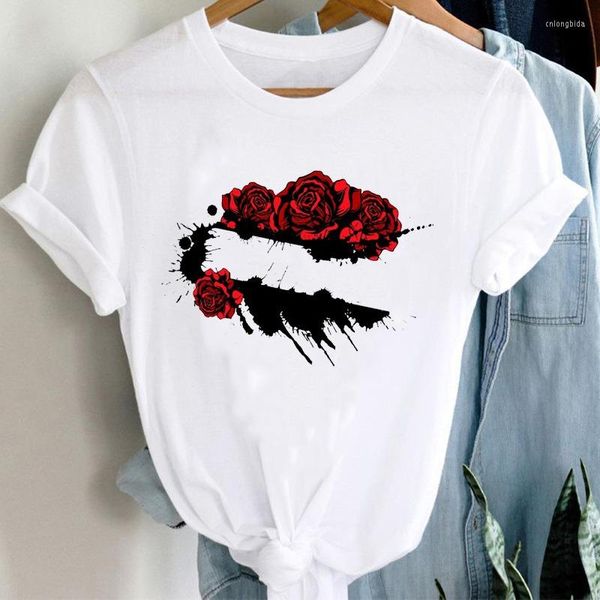 Camisetas femininas T-shirt SHIGHT MULHER MULHER DA MUNDA CHUMA CHAVE CASA TOP CASUAL Branca Flor Rose Flor Kawaii Roupas