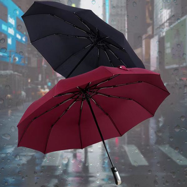 Regenschirme, vollautomatisch, für Männer und Frauen, starker Rahmen, 10 Rippen, drei faltbare, winddichte große Sonnenschirme, tragbarer, widerstandsfähiger Regenschirm für Regen 230510