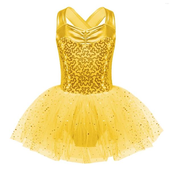 Abiti da ragazza Bambini Ragazze Vestito da balletto Paillettes lucide Maglia increspata Danza Ginnastica Body Tutu Competizione Performance Dancewear