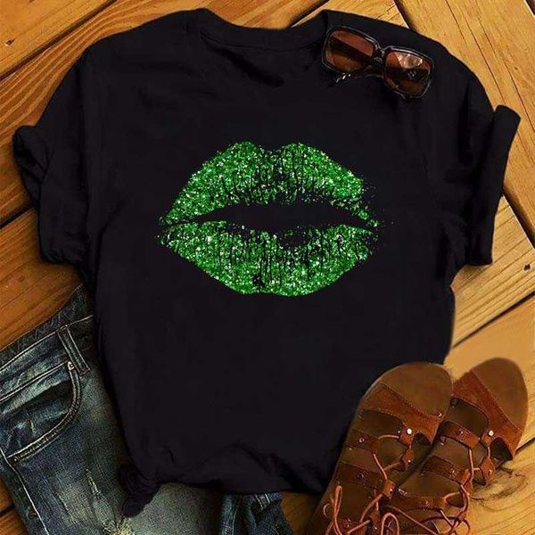 Camiseta feminina feminina camiseta fofa lábios verdes sexy beijo impressão harajuku lady tshirt verão 90s roupas preto camiseta branca mulher tops p230510