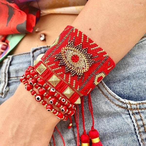 Braccialetti con ciondoli YASTYT Bracciale con occhi greci Set rosso malvagio per gioielli da donna Miyuki Tessuto fatto a mano Pulsera turco Amici Regalo