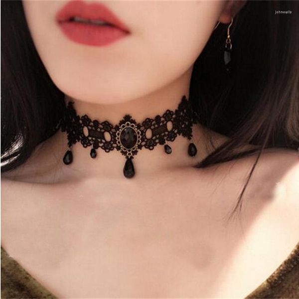 Choker Gothic Kristall Quaste Tattoo Halskette Schwarzer Spitzenkragen Anhänger Halsketten Vintage Frauen Hochzeit Schmuck