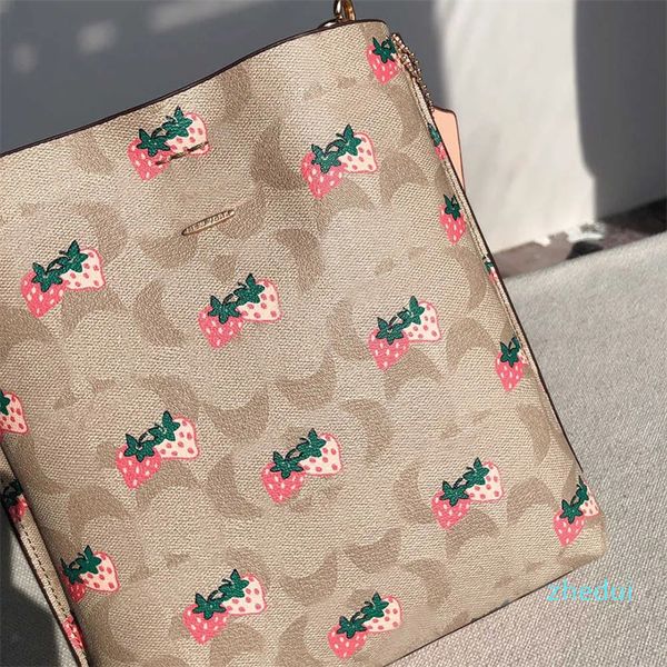 2023-kahverengi çanta pembe çilek deri omuz çantaları tasarımcı çanta kadın bayanlar çanta çantaları kadın cüzdanlar tote moda crossbody