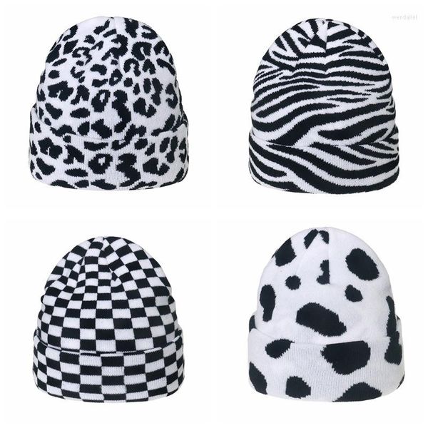 Berretti Cow Leopard Zebra Pattern Berretti Berretti Nero Bianco Plaid lavorato a maglia Cappello invernale caldo Donna Uomo Coppie Cappelli Cotone Elastico Panama