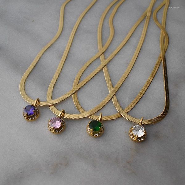 Halsketten mit Anhänger Farbige Edelstein-Halskette für Frauen Edelstahl-Fischgrätenkette Minimalistischer zierlicher Schmuck im Jahr 2023