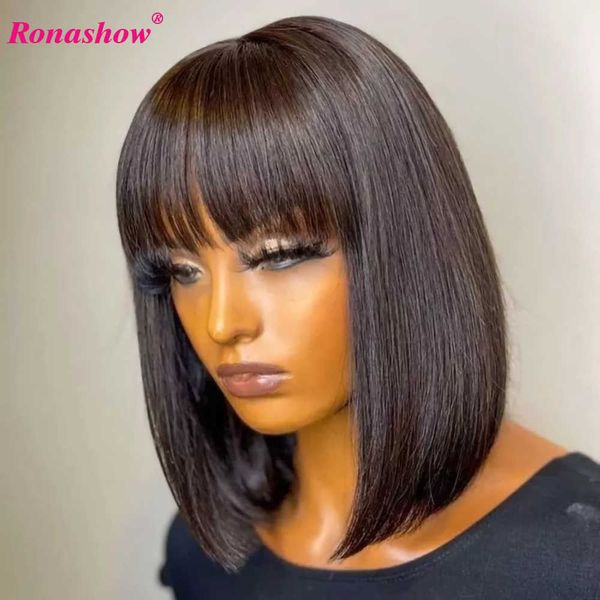 Hair Wigs Straight Bob Human com franja BRANGS BLACK BLACK CORTE BROLENTE PARA MULHERES 230510