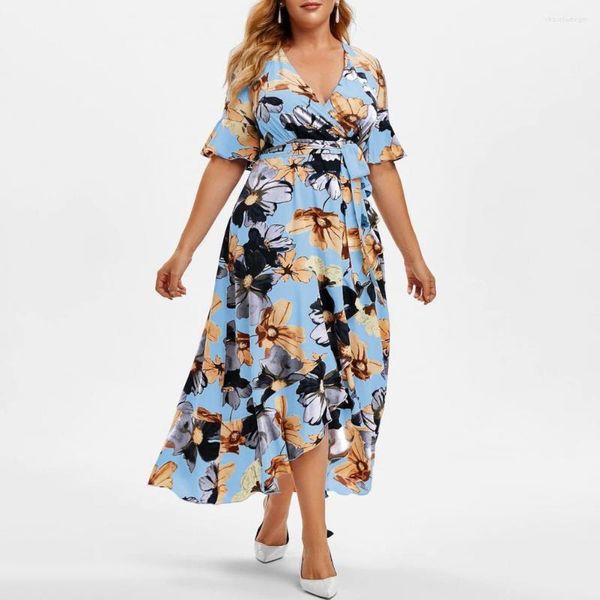 Casual Kleider Frauen Sommer Kleid Unregelmäßigen Saum Blumen Druck Spitze Up Böhmen Stil Plus Größe Damen Weibliche Kleidung