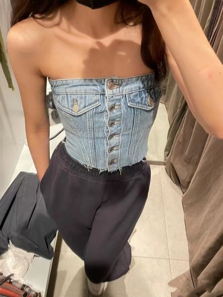 Serbatoi da donna camis blu blu in denim in jeans corset crop women top off -spalla senza maniche bustier top estate signora sexy elegante serbatoio di abbigliamento da strada 230509