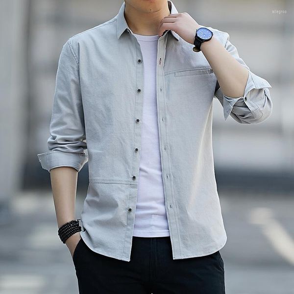 T-shirt da uomo 2023 primavera autunno uomo camicia casual stile coreano colletto rovesciato manica lunga tinta unita abito outwear