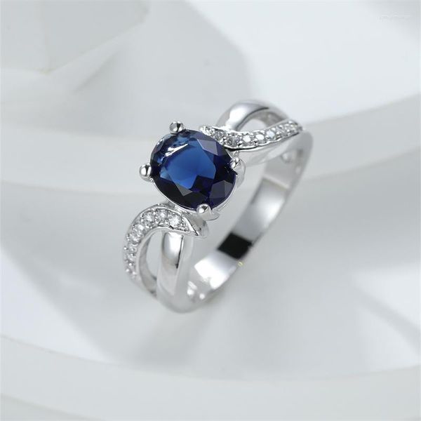 Anéis de casamento Oval Cut Royal Blue Stone no engajamento para mulheres prateado zircão de zircão de bandas vintage PRIDAL PRIDA RING CZ