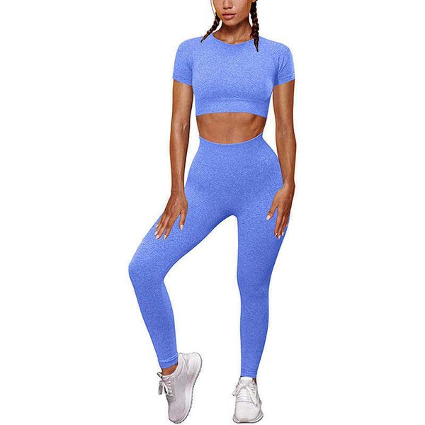 Abiti da yoga Set da yoga senza cuciture Manica corta 2 pezzi Abiti da allenamento per le donne Abiti a vita alta Leggings Sport Set da donna Crop Top Running AA230509