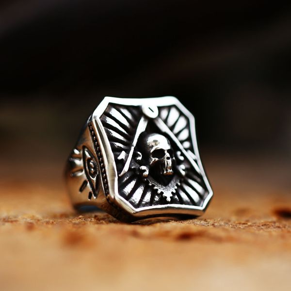 Retro Silber Punk Edelstahl Skelett Schädel Kopf Freimaurer Ring Antike Herren Freimaurer Freimaurer Hip Hop Rock Punk Gothic brüderliche Vereinigung Schmuck Artikel