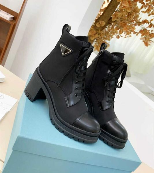 Luxus Designer Leder Nylon Stiefel Damen Monolith Runway Brixxen Schwarze Ledersocke Triple Sole Boot Combat Booties mit Original Box