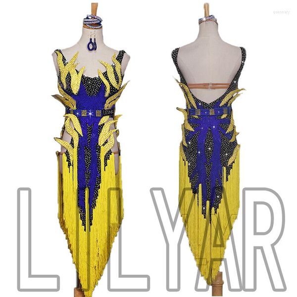 Stage Wear Latin Competition Performance Adult Custom Yellow Quaste Royal Blue Sparkling Diamond Dance Dress