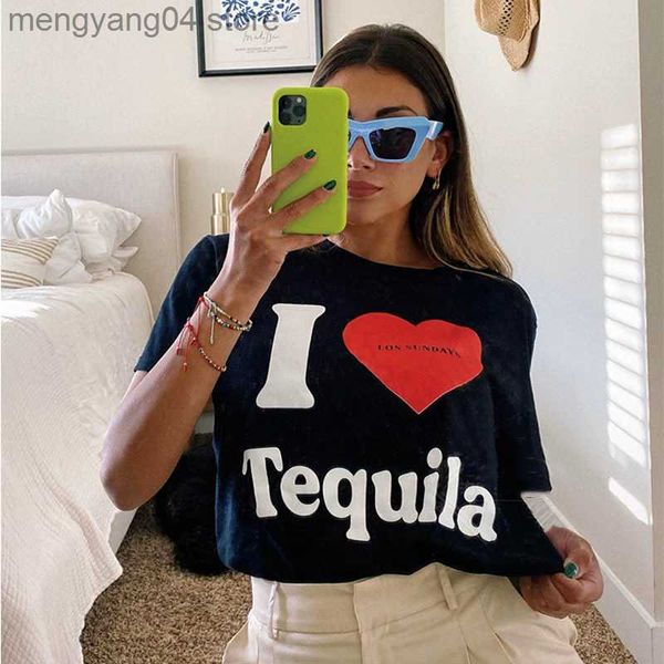 T-shirt feminina Eu amo tequila na bebida gráfica de domingo, amantes de amantes de camisetas de manga curta tops casuais de algodão, camisetas casuais t230510