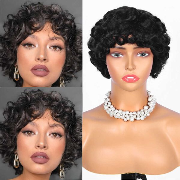 Perucas de cabelo Bouncy Curly Fringe Pixie Cut Humano Curto para Mulheres Máquina Completa Ovo Cachos Bob com Franja 230510