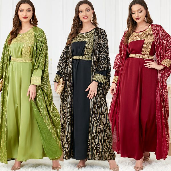 QNPQYX Nuovo Elegante Abito Musulmano Donna Abaya Marocco Abito da Festa Set da 2 Pezzi Ricamo Caftano Tacchino Abito Lungo Abiti Dubai Abiti Maxi