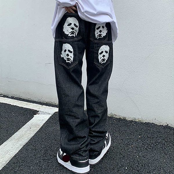 Männer Hosen Y2K Koreanische Männer Mode Schwarz Streetwear Casual Schädel Gerade Breite Bein Cargo Hosen Baggy Denim Hosen Low Rise Jeans Kleidung G230510