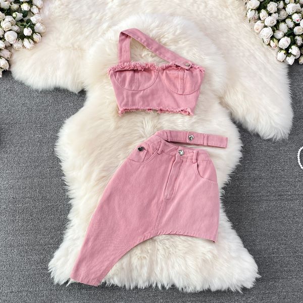 Платье с двумя кусочками ins fashion indess sexy streat pink wanging gear без бретелек в деним