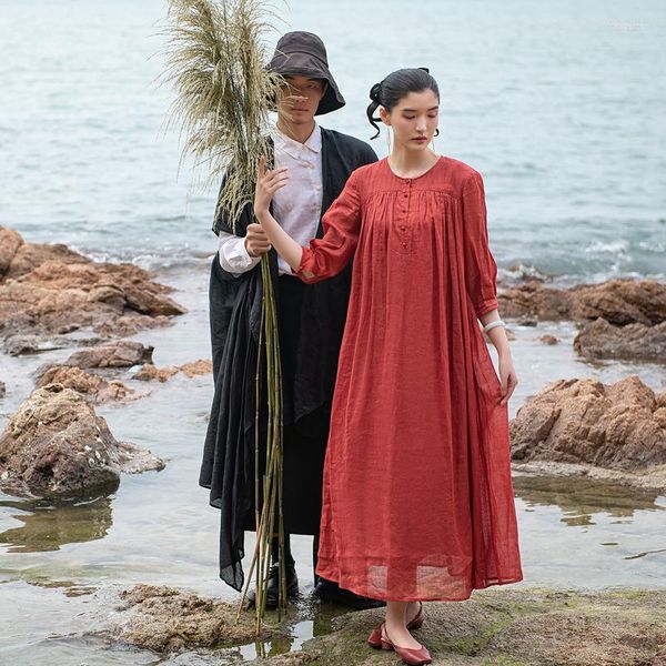 Vestidos casuais Uma vida na esquerda Mulheres Vestido de estilo chinês 2023 Primavera de verão de três quartos de manga solta Ramie plissada saia vintage