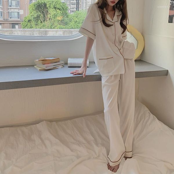 Damen Nachtwäsche Damen Gestreiftes Pyjama Set Korean Chic Weiß Reverskragen Kurzarm Hose Homewear Hose Baumwolle Einfarbig Lose L333