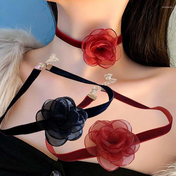 Gargantilha de moda retro jantar vermelho jantar grande colar de flores colar de renda de laca banda de pescoço sexy para mulheres jóias de garotas