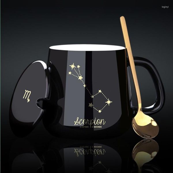 Kupalar seramik 12 takımyıldızlar kaşık kapaklı siyah kupa kemik çin süt kupası içecek eşyası hediye kutusu çayı