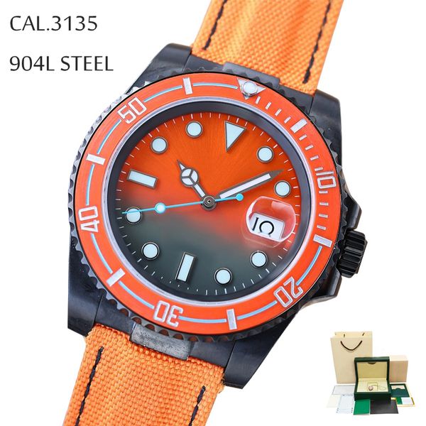 New Sport Mens Watches Cal 3135 Movimento Automático Mecânico Remenda Borte de Carbono 904L Caixa de aço Nylon Straphire Gradiente de vidro Dial Orange Dial