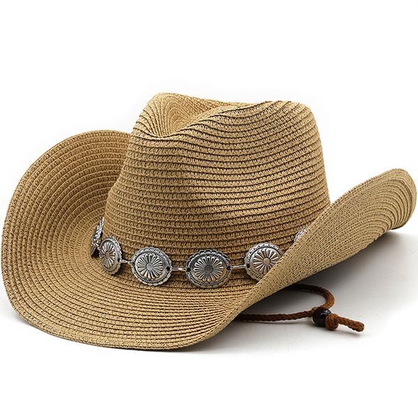 Chapéus de aba larga Balde de verão Homens Mulheres Straw Hollow Western Cowboy Hat Hat Lady Lady Punk Marca Sombrero Hombre Cowgirl ao ar livre Jazz Beach Sun Hat 230509