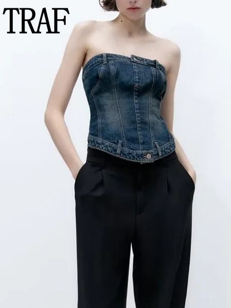 Tanques femininos Camis Traf Denim Corset Top Top Blue Crop Off O ombro do ombro S Streetwear Sexy Backless Bustier S 230509