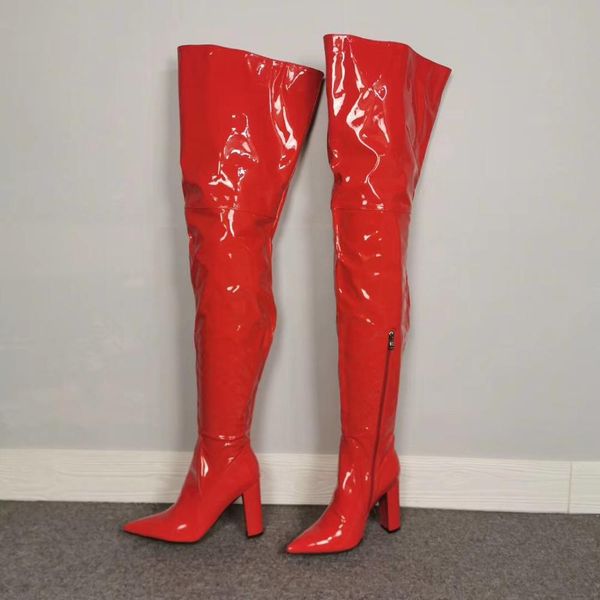 Olomm Handgemachte Damen Oberschenkelhohe Stiefel, quadratische High Heels Stiefel, schöne spitze Zehenpartie, rote Club-Wear-Schuhe für Damen, Plus US-Größe 5–15