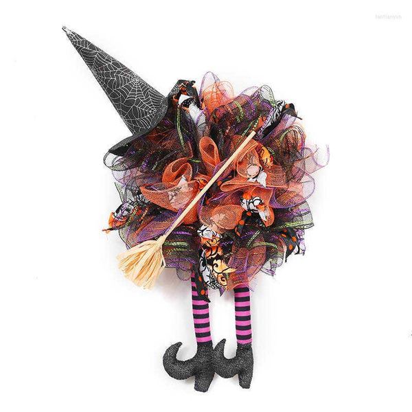 Fleurs décoratives Halloween guirlande sorcière fabriqués à la main porte décorations suspendues avec chapeau jambes balai pour la décoration de fête à la maison
