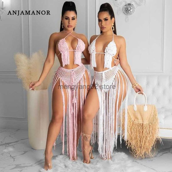 Abito a due pezzi Abiti da vacanza sexy Abbigliamento da spiaggia Abito con nappe all'uncinetto Set Bikini Top 2 pezzi Gonna Set Articoli estivi D48DI20 T230510