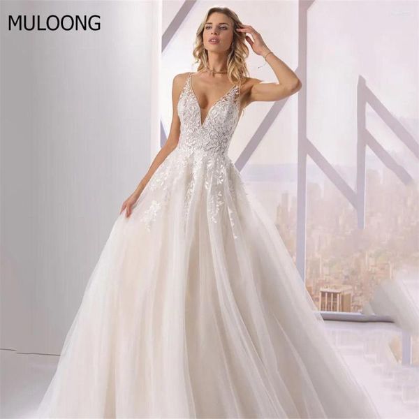 Hochzeitskleid MULOONG Weiß Elegant Sweetheart Spaghettiträger Applikationen Rückenfreie Spitze Bodenlang Sweep Train 2023