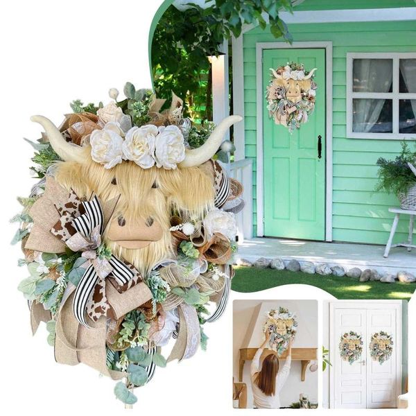 Flores decorativas Adorável Highlands Wreath Wreath Decoração de primavera de 16 polegadas com cordão para luzes da porta da frente Wreaths Operado