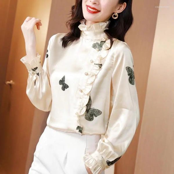 Женские блузки элегантные женщины -бабочка припечатка Satin Corean Spring Fand Tops Tops Office Ladies Рубашка с длинным рукавом Blusas Mujer