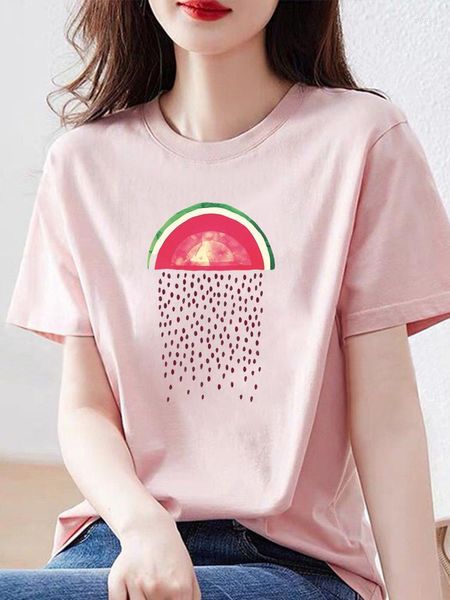 Camiseta feminina camiseta de cartum d'água de melancia doce camisa impressa de manga curta moda de verão