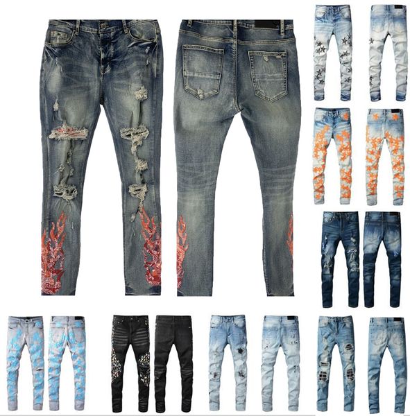23SS Men Jeans Fashion Hole Border Bordados Calças Hip Hop Calças zíperes angustiadas para mulheres