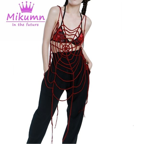 Женские танки Camis Mikumn Harajuku Gothic Red Black Spider Web Tassel Hollow Out Long Top Женщины девочки Чика уличная одежда 230510