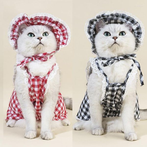 Trajes de gatos roupas pequenas roupas de animais de estimação do que vestido xadrez de urso conjunto com chapéu de modelo fino festeira de aniversário respirável