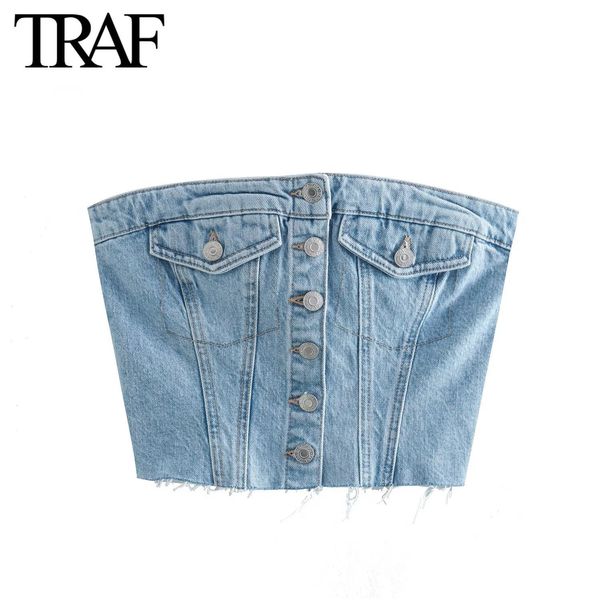 Kadın Tankları Camis Trafı Kadın Moda Straplez Korse Denim Top Bluzlar Yaz Geri Elastik Tek Göğüslü Mahsul 230509