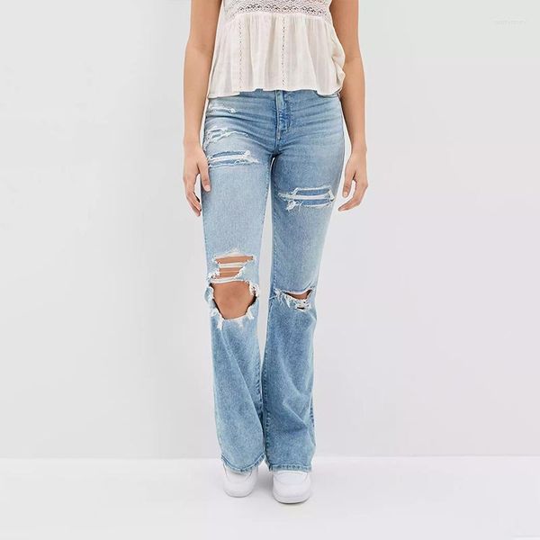 Jeans femininos 2023 Autumn rasgou o jeans de cintura alta de cintura alta para mulheres aeseven010