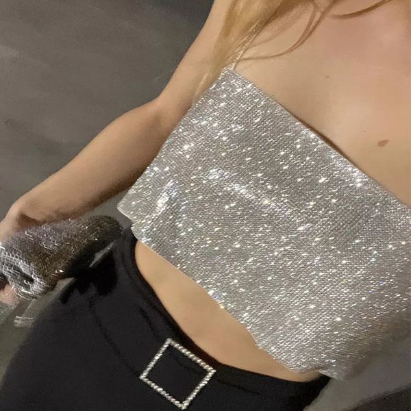 Canottiere da donna Camis Sexy da donna con paillettes Crop Top Y2K Chic senza maniche con bretelle a taglio basso Canotta senza schienale per l'estate Pub Party Clubwear anni '90 230510